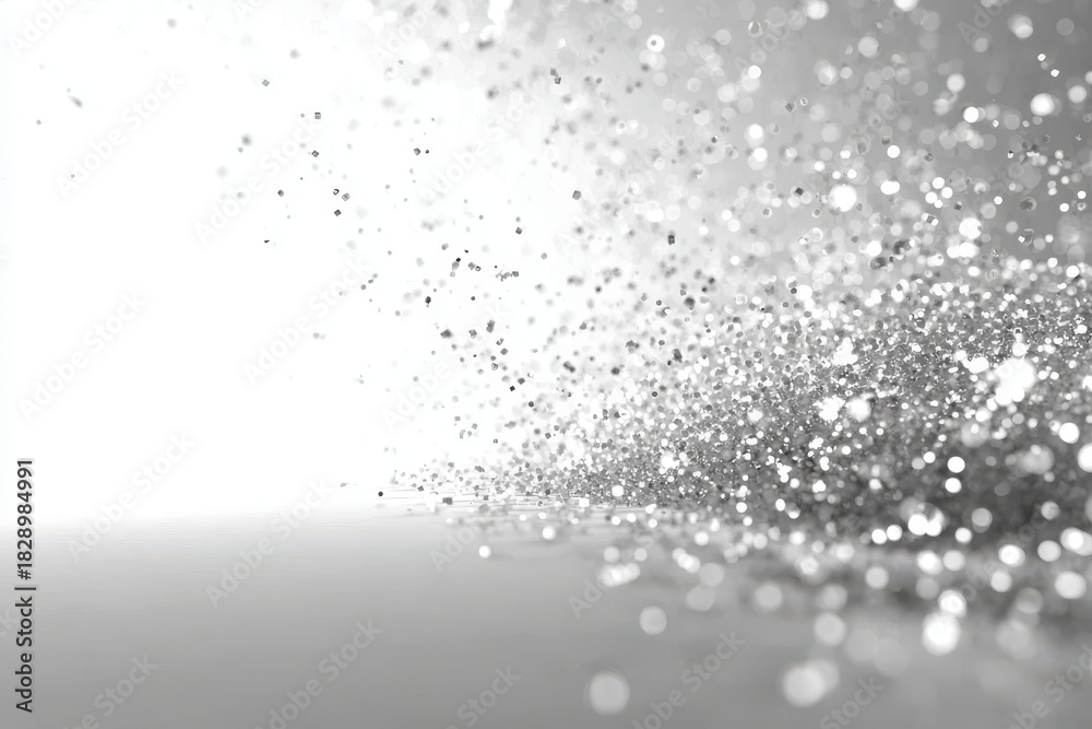 Fototapeta premium Sparkling silver glitter particles scattered across a reflective surface with bright white light