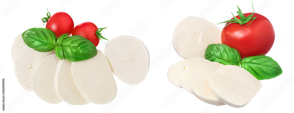 Obraz premium Mozzarella cheese sliced with basil leaf and tomato isolated on white background . Top view. Flat lay