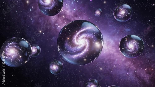 Multiverse concept with multiple universes and galaxies in a cosmic background.