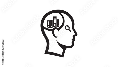 Abstract symbol of human thought process, showcasing organized knowledge, data analysis, and memory retrieval inside a stylized head icon