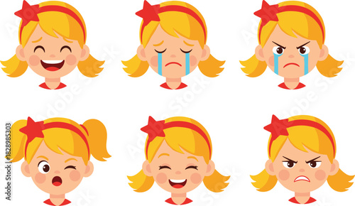 Cute cartoon girl avatar set vector illustration collection showing happy angry and crying emotions with blonde hair and red headband.