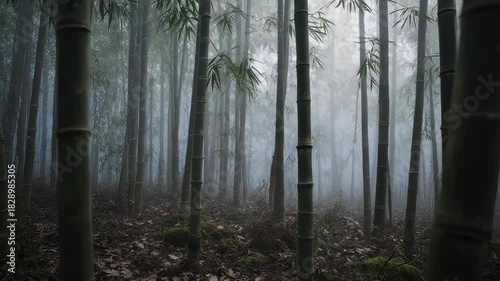 Mysterious Bamboo Forest in Foggy Atmosphere with Dense Trees.