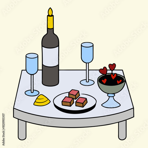 Romantic table setting with wine, glasses, chocolates, and hearts Vector, illustration