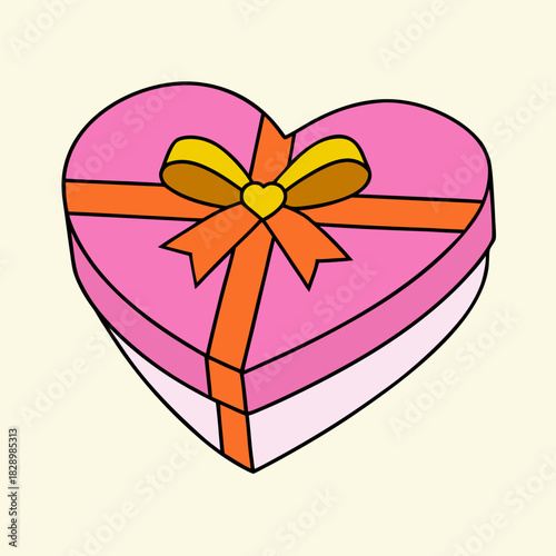 Pink heart-shaped gift box with orange ribbon and yellow accent Vector, illustration