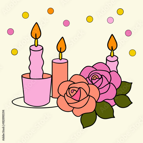 Pastel animated candles, blooming roses and decorative confetti Vector, illustration