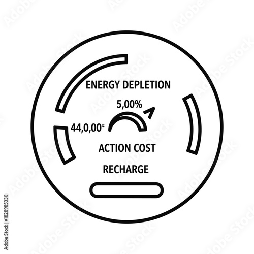 Monitor energy depletion showing action costs and recharge needed for devices or equipment