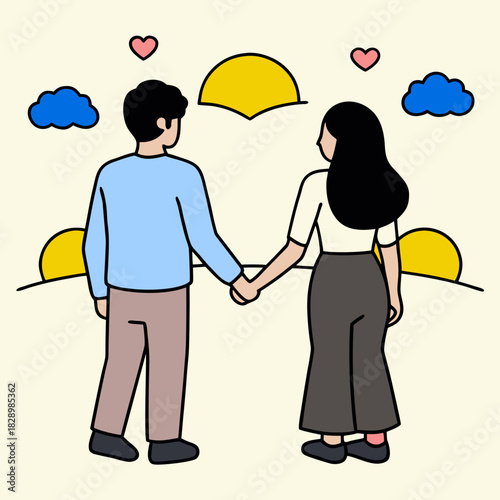 Couple holding hands watching sunrise together, love and romance Vector, illustration