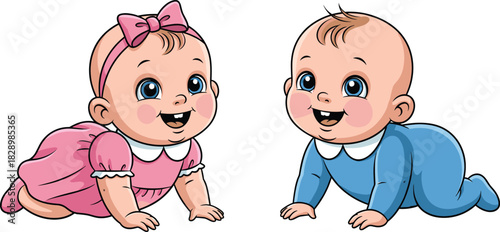Cute cartoon baby twins boy and girl crawling on floor vector illustration isolated happy siblings in pink and blue.