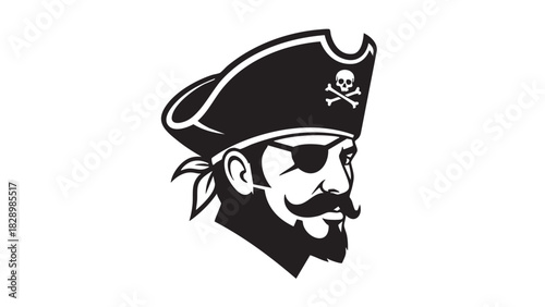 Classic black and white graphic illustration depicting a swashbuckling pirate captain with an eyepatch, bandana, and skull-adorned hat, ideal for mascot or emblem designs