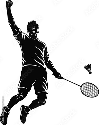 Badminton player celebrating victory with racket and shuttlecock badminton, player, sport, athlete, victory, celebration, winning, jumping, shouting, racket, shuttlecock, action, dynamic, silhouette, 