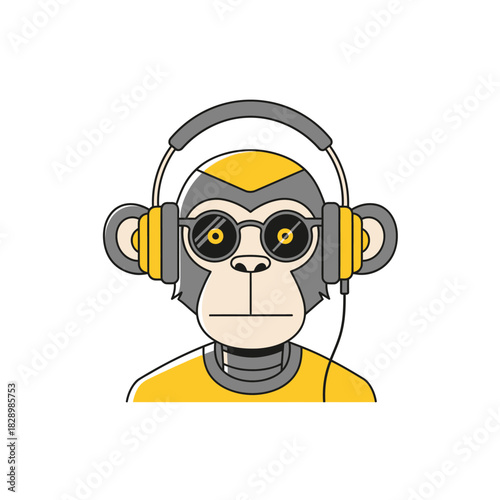 Cool monkey DJ with headphones and sunglasses listening to music.