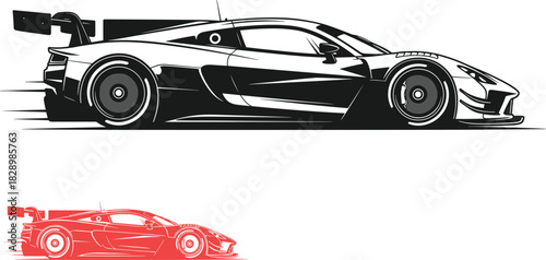 Black and red racing sports car vector graphics racing car sports car, racing car, speed, fast, vehicle, automobile, graphic, vector, illustration, black and white, red, outline, silhouette, wing, spo