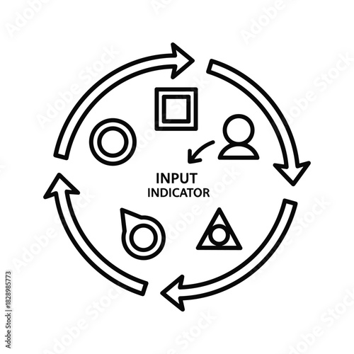 Circular diagram showing input indicator and process flow with icons