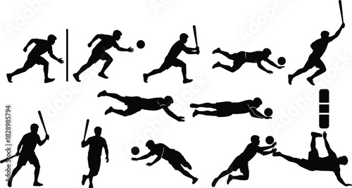 Baseball players in action silhouettes sport baseball, silhouette, player, action, sport, game, bat, ball, running, catching, throwing, sliding, diving, jumping, kicking, athletic, male, person, activ