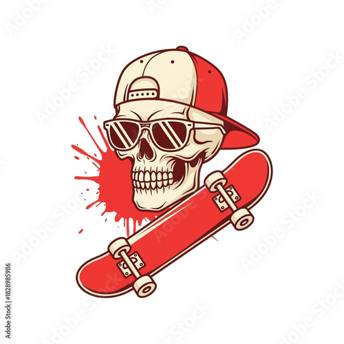 Cool Skater Skull with Sunglasses and Cap on Skateboard.