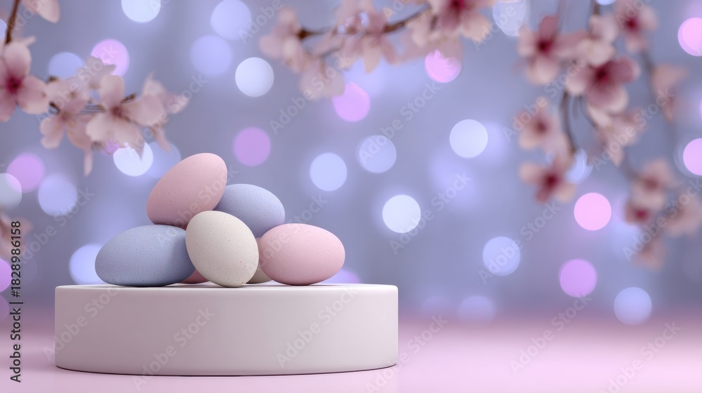 Fototapeta premium Easter Decorations With Pastel Colored Eggs on a Clean Podium in a Softly Blurred Floral Background