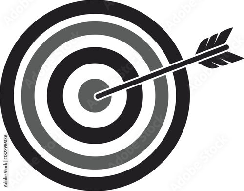 Black arrow hitting grey and white concentric circles target, arrow, bullseye, dart, goal, aim, success, accuracy, precision, hit, center, concentric, circles, rings, grey, white, black, graphic, symb