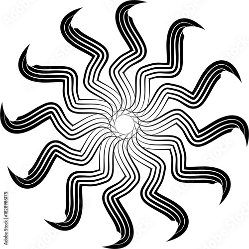 Twelve flowing, snake-like arms twist outward in bold black strokes, forming a hypnotic vortex of rhythm, motion, and sharp evolving curvature.