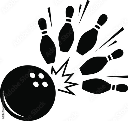 Black bowling ball striking pins with motion lines bowling, ball, pins, strike, sport, game, recreation, activity, competition, fun, leisure, entertainment, action, movement, speed, dynamic, graphic, 