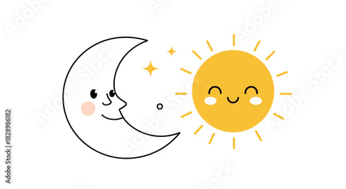 An adorable vector illustration for kids featuring a cute smiling sun and a friendly crescent moon with faces and sparkles.