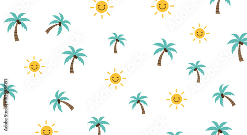 A simple and cute seamless summer pattern with cartoon palm trees and smiling suns on a clean white background for vacation.