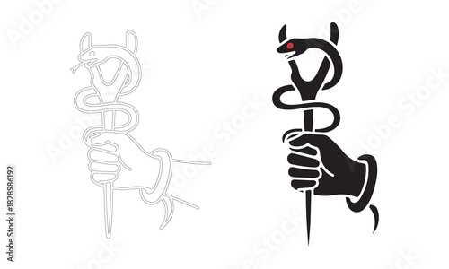 Hand holding a staff with a coiled snake outline and silhouette