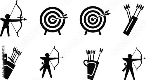 Black silhouette archery icons on white background archery, bow, arrow, target, quiver, archer, sport, competition, aiming, precision, bullseye, hit, miss, symbol, icon, silhouette, black and white, g