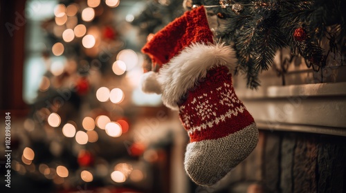 Christmas stocking hanging on fireplace mantel with bokeh lights