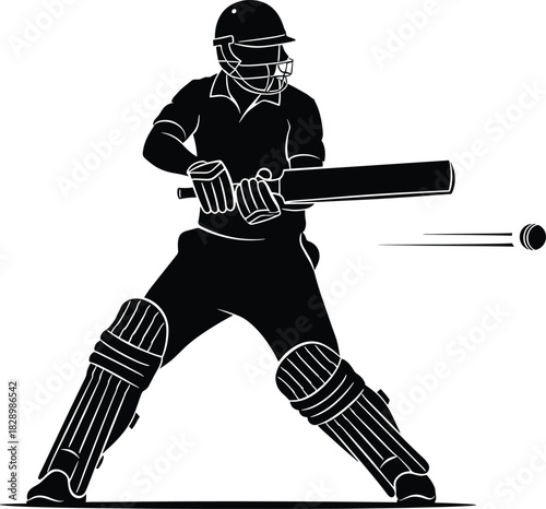 Black silhouette of a cricket batsman hitting a ball cricket, batsman, sport, game, player, bat, ball, action, silhouette, black and white, athletic, competition, equipment, helmet, pads, gloves, unif