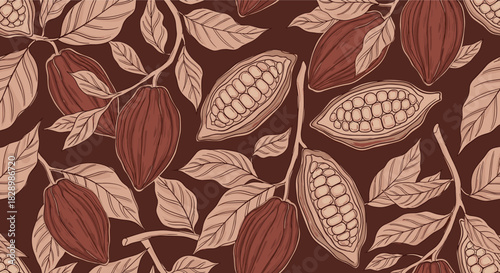 An elegant seamless pattern of hand-drawn cocoa pods and leaves on a dark brown background for chocolate-themed designs.