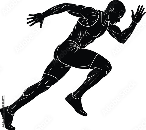 Black silhouette of a male athlete running forward running, athlete, man, male, runner, sprinter, speed, motion, action, sport, athletic, fitness, exercise, race, competition, track and field, silhoue