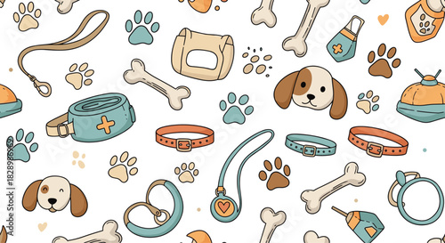 Cute seamless pattern featuring hand-drawn dog accessories including collars leashes bones paw prints and puppy faces for pets.