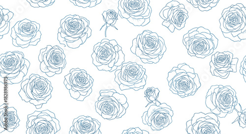 Elegant seamless floral pattern featuring delicate blue outline sketch roses and buds scattered across a clean white background.