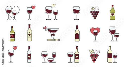 Collection of flat design wine icons featuring red wine glasses bottles grapes and hearts perfect for romantic celebrations.