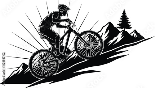 Black silhouette of a mountain biker on a slope mountain biking mountain biking, cyclist, silhouette, black and white, downhill, extreme sport, adventure, outdoor, recreation, sport, active, healthy l