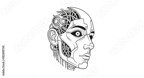 Detailed Cyborg Head Illustration with Exposed Circuitry and Mechanical Elements.