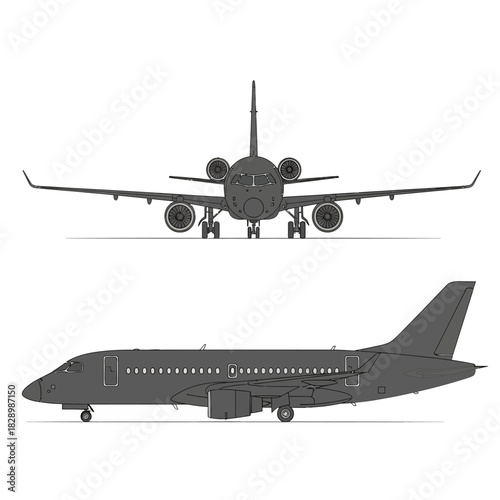 Detailed front and side view of a passenger airplane on a white background.