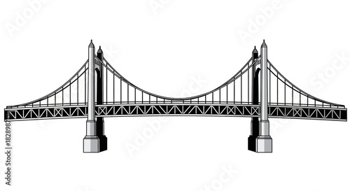 Detailed illustration of a classic suspension bridge structure.