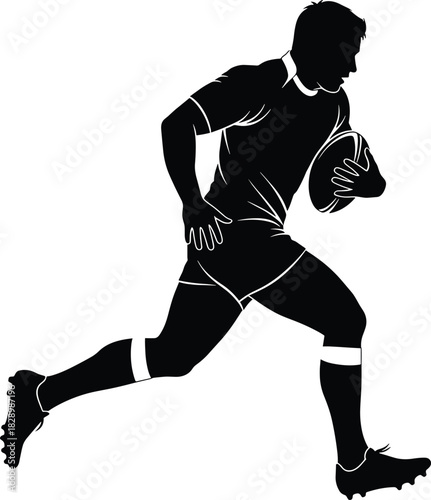 Black silhouette of a rugby player running with ball rugby, player, running, ball, sport, athlete, action, motion, silhouette, black and white, graphic, illustration, dynamic, speed, power, strength, 