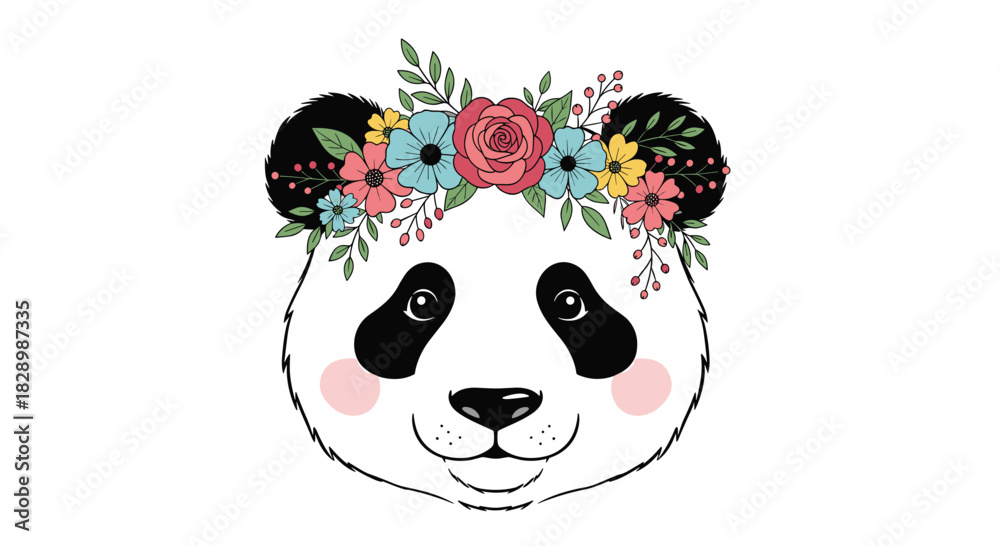 Naklejka premium Adorable illustration of a cute panda bear face with pink cheeks wearing a beautiful and colorful floral wreath on its head.