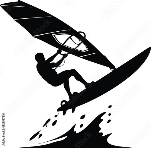 Black silhouette of a windsurfer on a wave windsurfing windsurfing, silhouette, black and white, water sport, ocean, sea, wave, surfer, sail, board, action, dynamic, movement, sport, recreation, extre