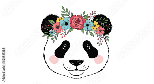 Adorable illustration of a cute panda bear face with pink cheeks wearing a beautiful and colorful floral wreath on its head.