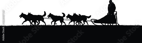 Black silhouette of dog sled team pulling a sled with a person dog sledding, dogs, sled, person, silhouette, black and white, winter, snow, arctic, northern, husky, malamute, canine, animal, transport