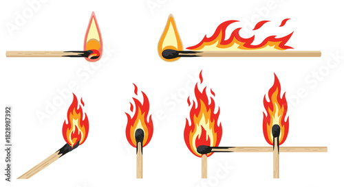 Vector set of burning matches in different stages of combustion from ignition to a fully burning flame on white background.