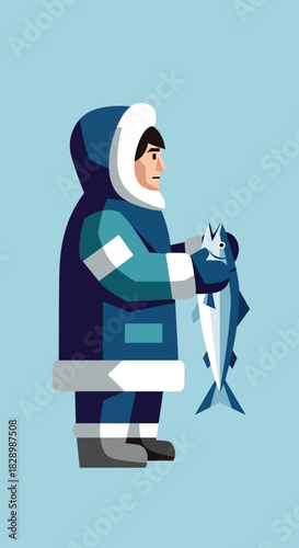 Eskimo man in winter clothing holding a freshly caught fish.