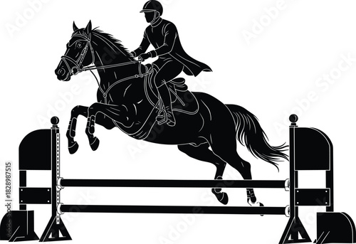 Black silhouette of horse and rider jumping over obstacle horse, rider, jumping, equestrian, sport, competition, obstacle, fence, black and white, silhouette, outline, action, movement, dynamic, athle