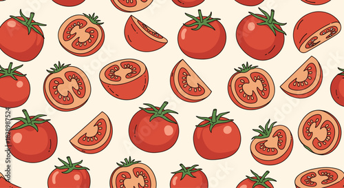 Fresh and vibrant seamless food pattern of whole sliced and halved red tomatoes creating a healthy vegetable background.