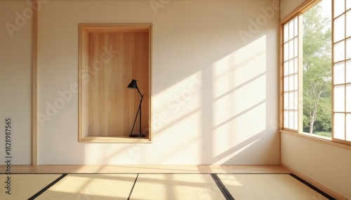 Wallpaper Mural Minimalist Japanese room interior features tatami mat floor, shoji screen window looking out onto green plants. Natural light streams in casting geometric shadows. Sleek black desk lamp sits in Torontodigital.ca