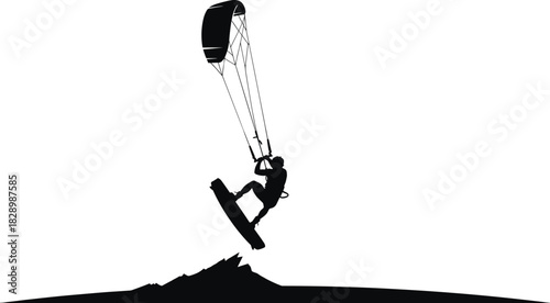 Black silhouette of kitesurfer jumping over mountain kitesurfing, kiteboarding, silhouette, black and white, extreme sport, water sport, action, jump, air, board, kite, mountain, peak, silhouette art,