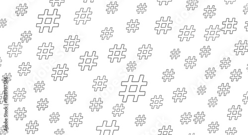 Minimalist seamless background pattern featuring scattered black outline hashtag symbols on a clean and modern white backdrop.